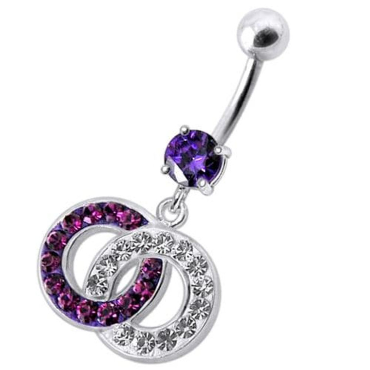 Fancy Multi Colored Stone Studded Crossed O Dangling SS Bar Belly Ring - Purple