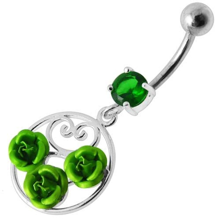 Fancy Multi Jeweled  ROSES Dangling Banana Bar Belly Ring - Emerald