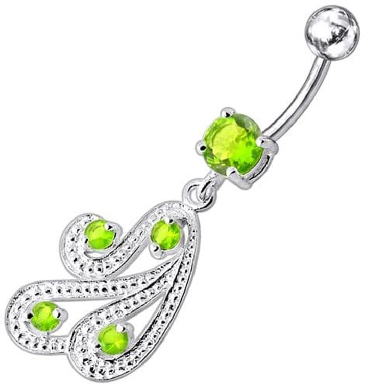 Fancy Multi Lines Dangling With SS Banana Bar Belly Ring - Peridot