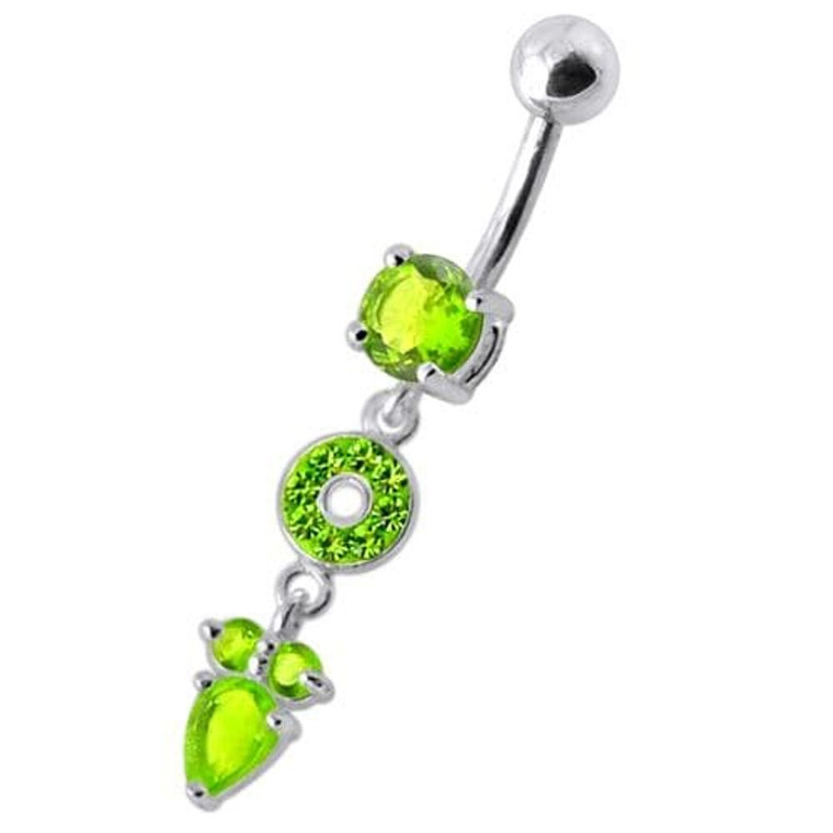 Fancy Multi Stone Jeweled "O" Pear" Dangling SS Bar Navel Body Jewelry Ring - Peridot