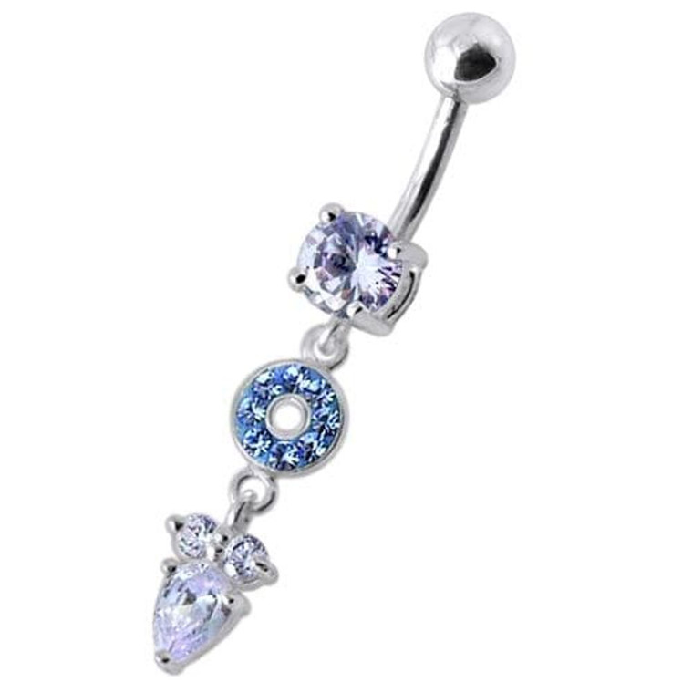 Fancy Multi Stone Jeweled "O" Pear" Dangling SS Bar Navel Body Jewelry Ring - Lavender