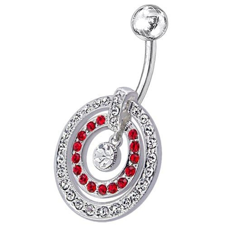 Fancy Multi Stone Jeweled Circle Dangling Belly Navel Ring Body Jewelry - Red