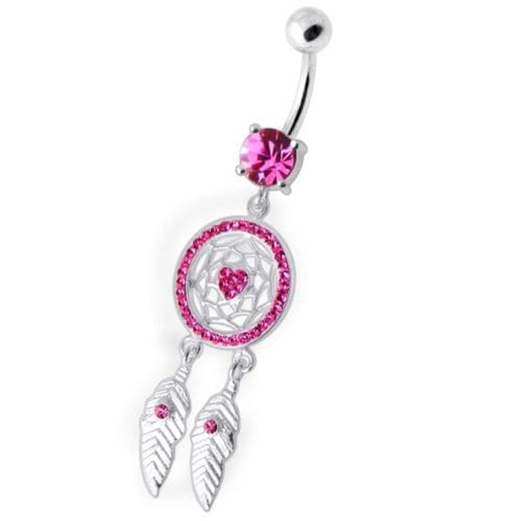 Dream Catcher Silver Belly Bar - Pink