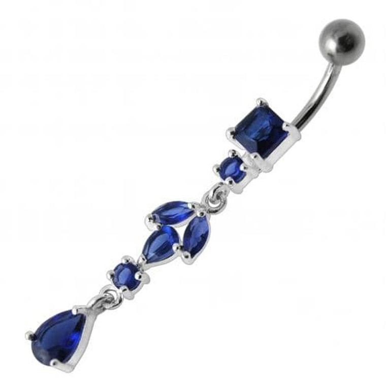 Fancy Multi Stone Jeweled Dangling Banana Bar Belly Button Ring - Dark Blue