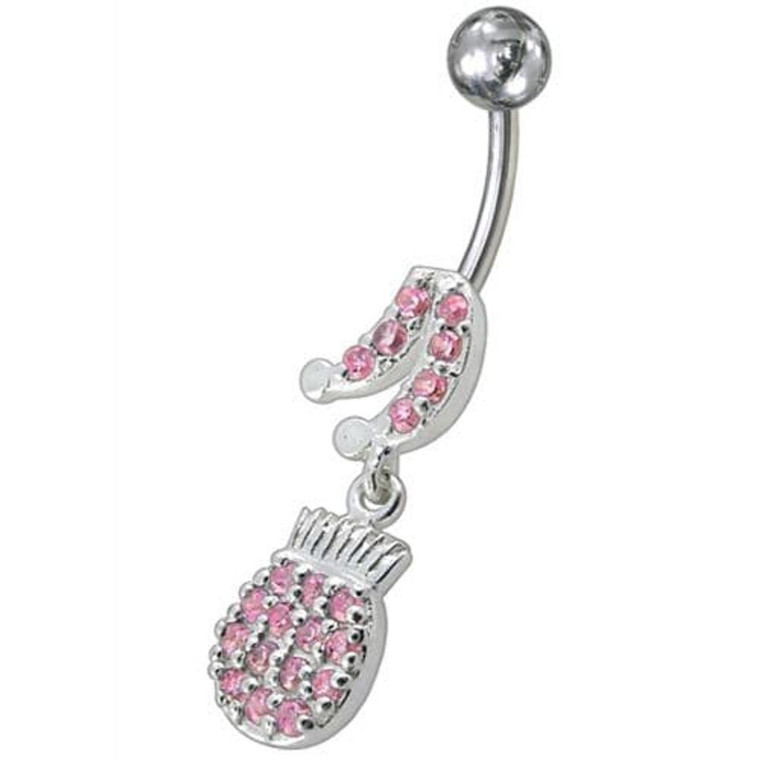 Fancy Fruits Jeweled Dangling Navel Belly Ring - Pink