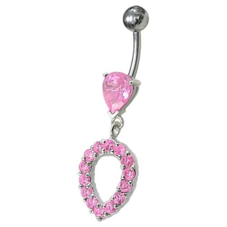 Fancy Green CZ Jeweled Silver Dangling Navel Banana Belly Ring - Pink