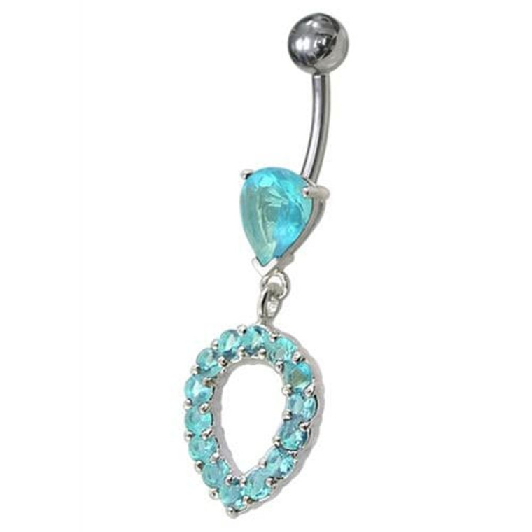 Fancy Green CZ Jeweled Silver Dangling Navel Banana Belly Ring - Aqua