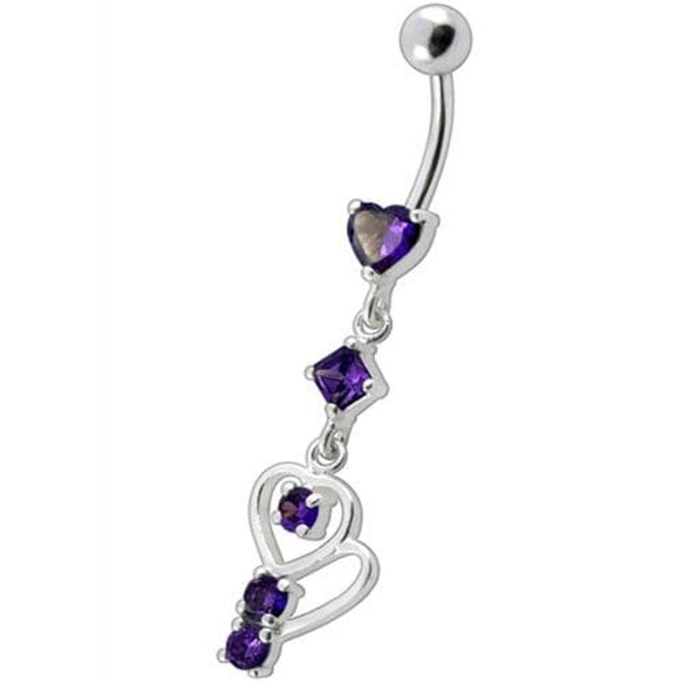 Fancy Heart Shape Jeweled Small Dangling Heart Banana Bar Belly Ring - Purple