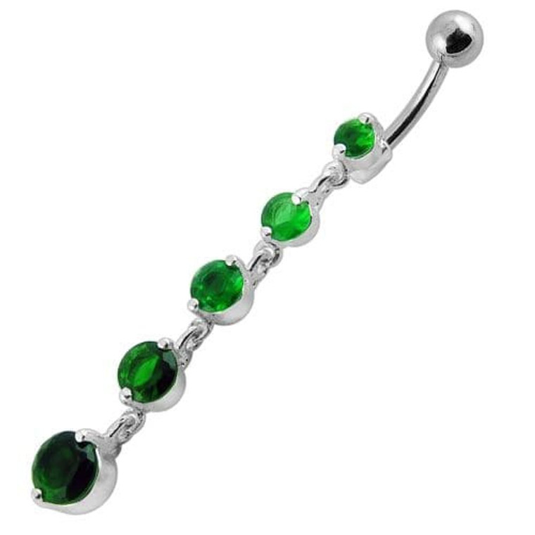 Fancy Silver Dangling Curved Bar Navel Ring - Emerald