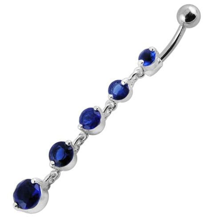 Fancy Silver Dangling Curved Bar Navel Ring - Dark blue