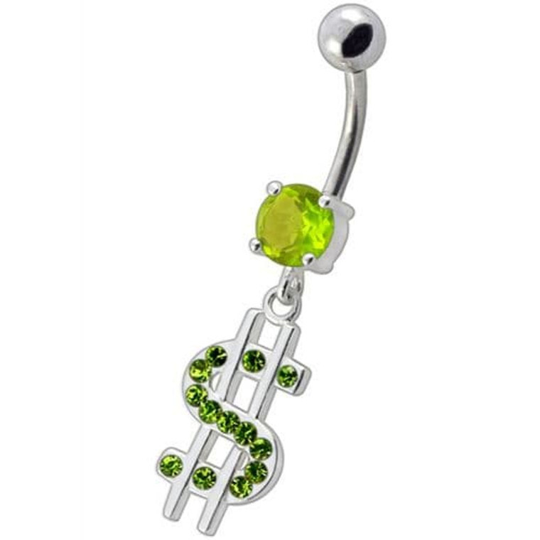 Fancy Jeweled $ Sign Dangling Belly Ring - Peridot