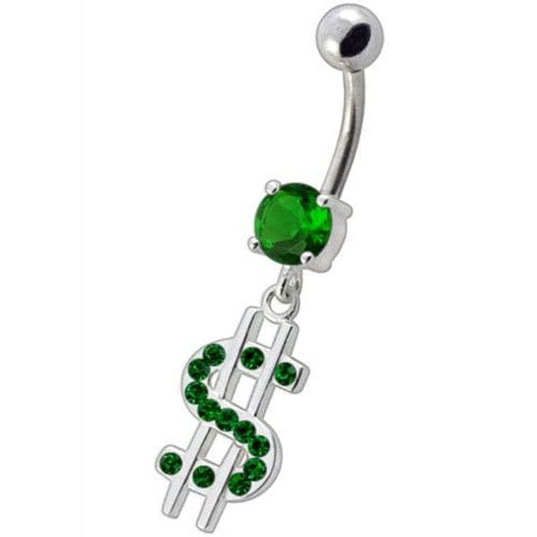 Fancy Jeweled $ Sign Dangling Belly Ring - Emerald