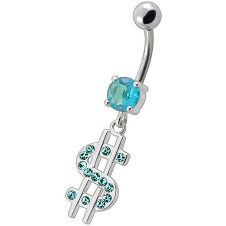 Fancy Jeweled $ Sign Dangling Belly Ring - Aqua