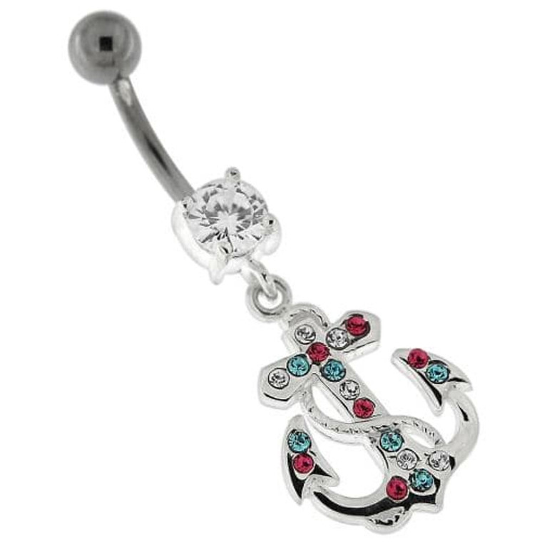 Fancy Jeweled Anchor And Cross Dangling Curved Belly Ring - Mixed