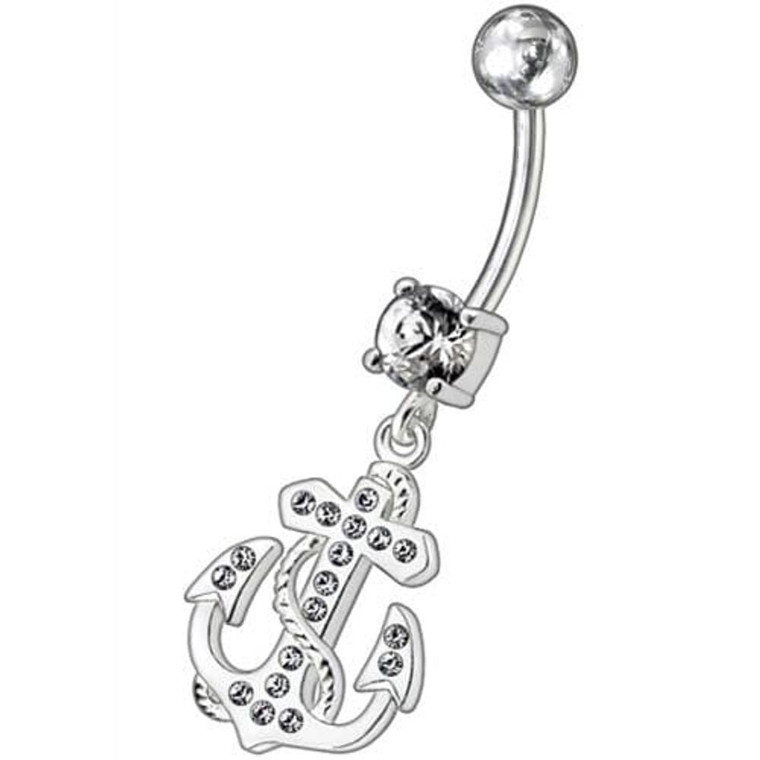 Fancy Jeweled Anchor And Cross Dangling Curved Belly Ring - Clear