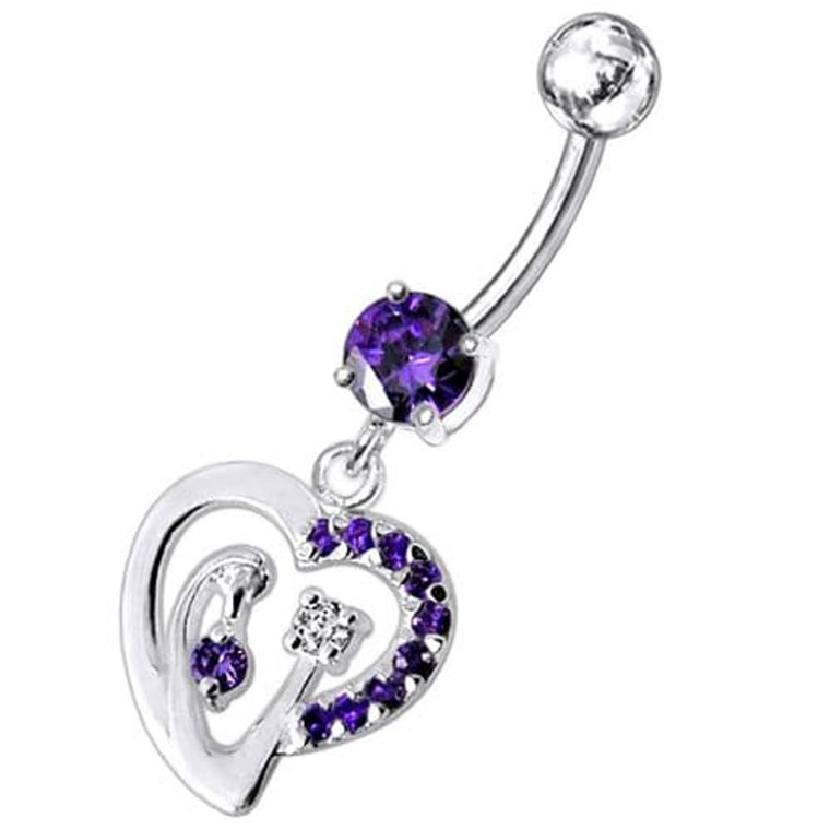 Fancy Single Jeweled Heart Dangling Belly Ring - Purple