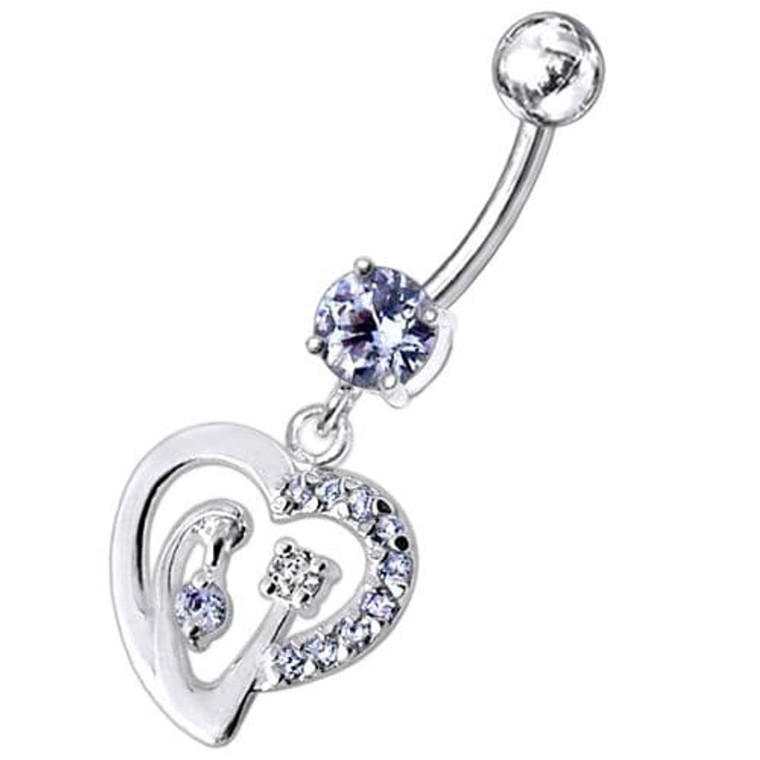 Fancy Single Jeweled Heart Dangling Belly Ring - Lavender