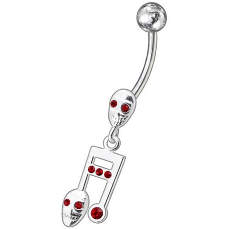 Fancy Skeleton Jeweled Dangling SS Bar Belly Ring  - Red