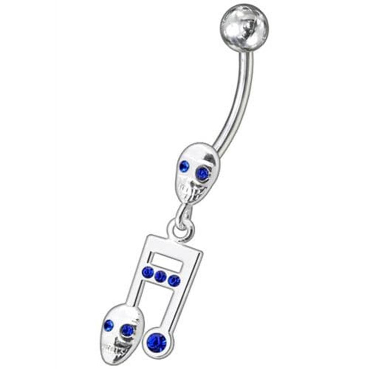 Fancy Skeleton Jeweled Dangling SS Bar Belly Ring  - Dark Blue