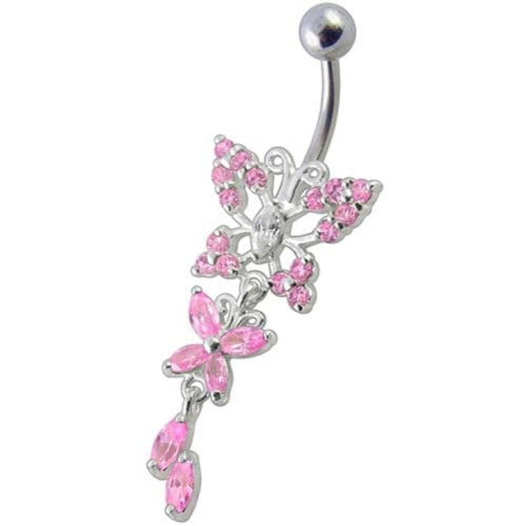 Fancy Jeweled Butterfly Dangling Navel Ring - Pink