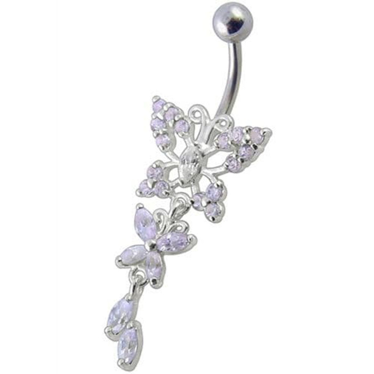 Fancy Jeweled Butterfly Dangling Navel Ring - Lavender