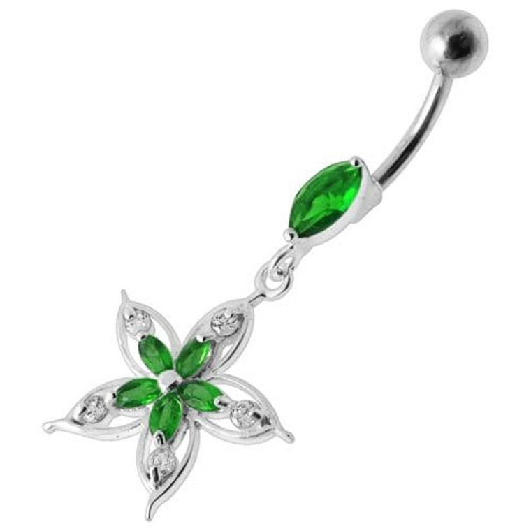 Fancy Star Jeweled Silver Dangling Belly Ring - Emerald