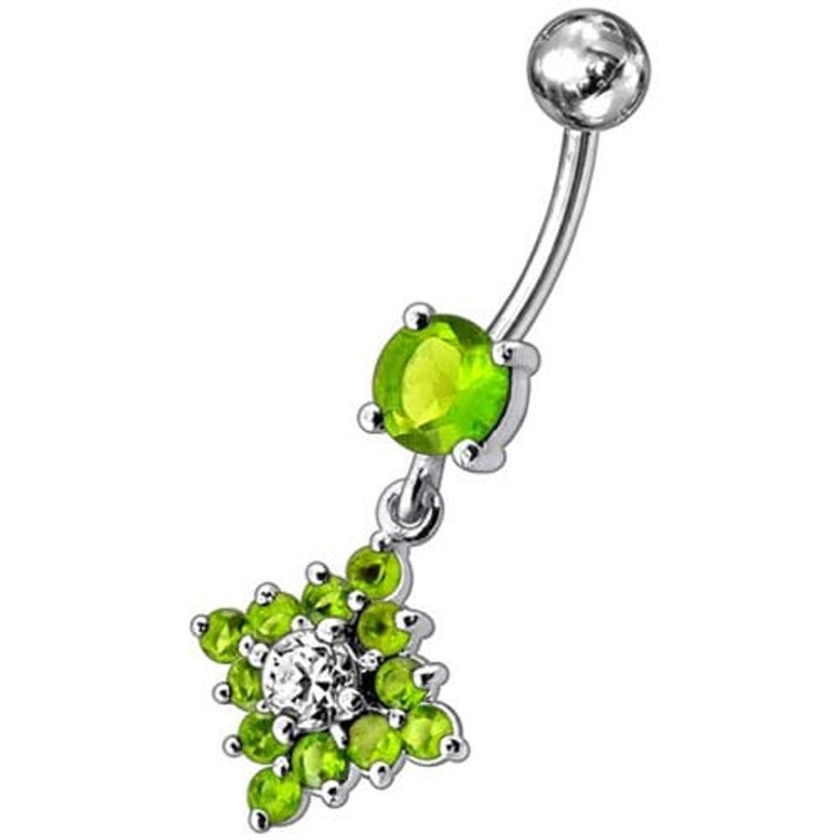 Flower Belly Navel Ring Fancy CZ Gemmed Dangle Button - Peridot