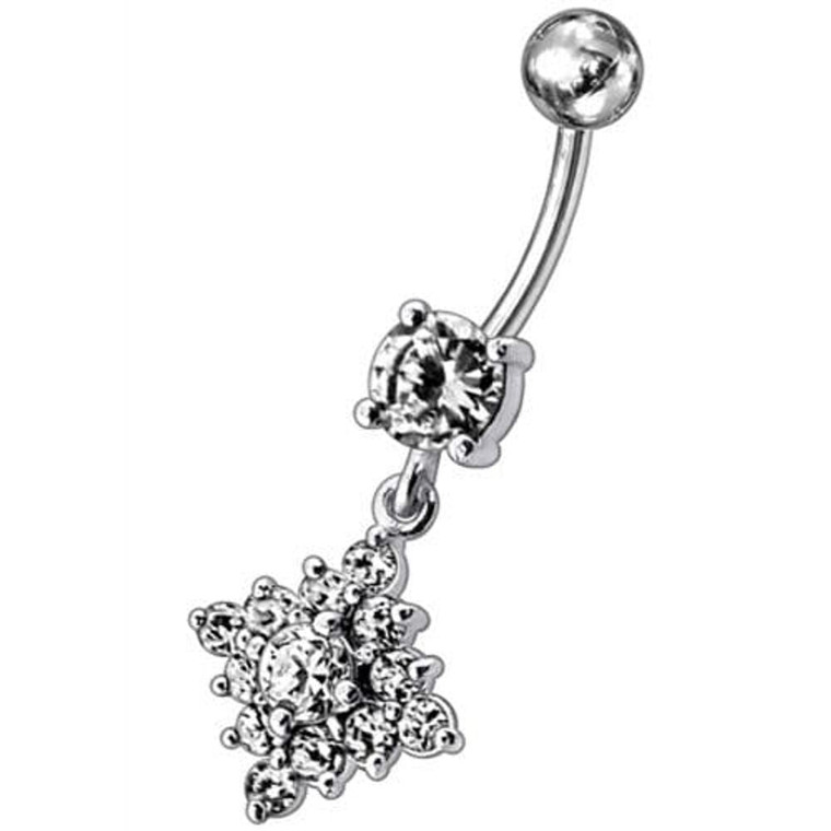 Flower Belly Navel Ring Fancy CZ Gemmed Dangle Button - Clear