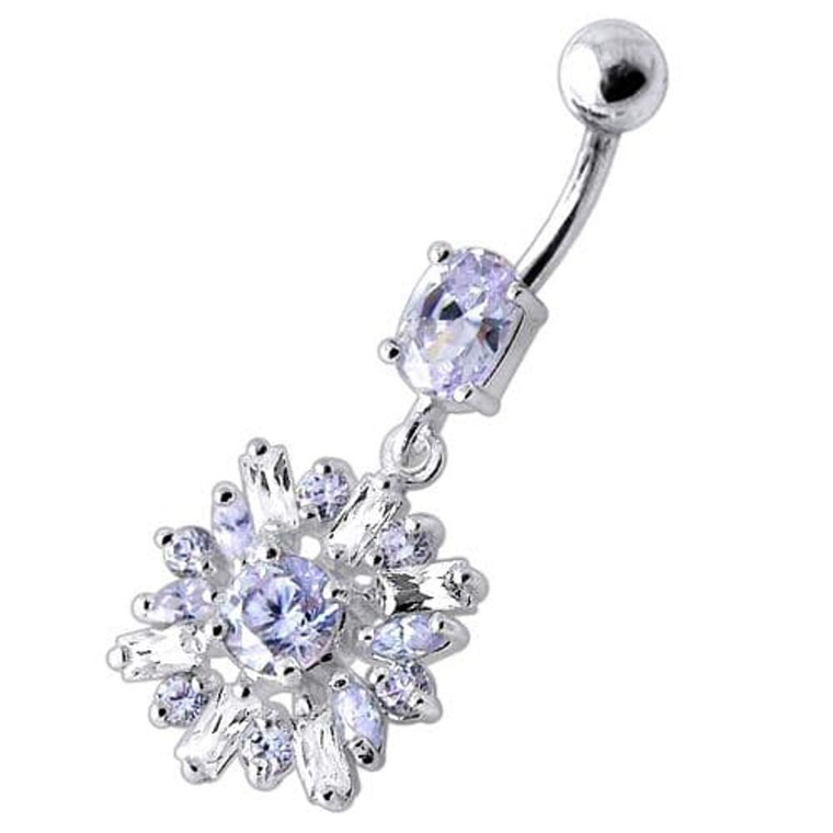 Fancy Vintage Jeweled Dangling SS Bar Navel Ring - Lavender