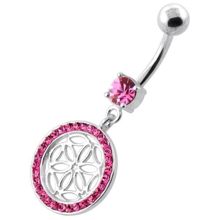 Flower Cut out in Multi Jeweled Round Frame navel ring - Pink