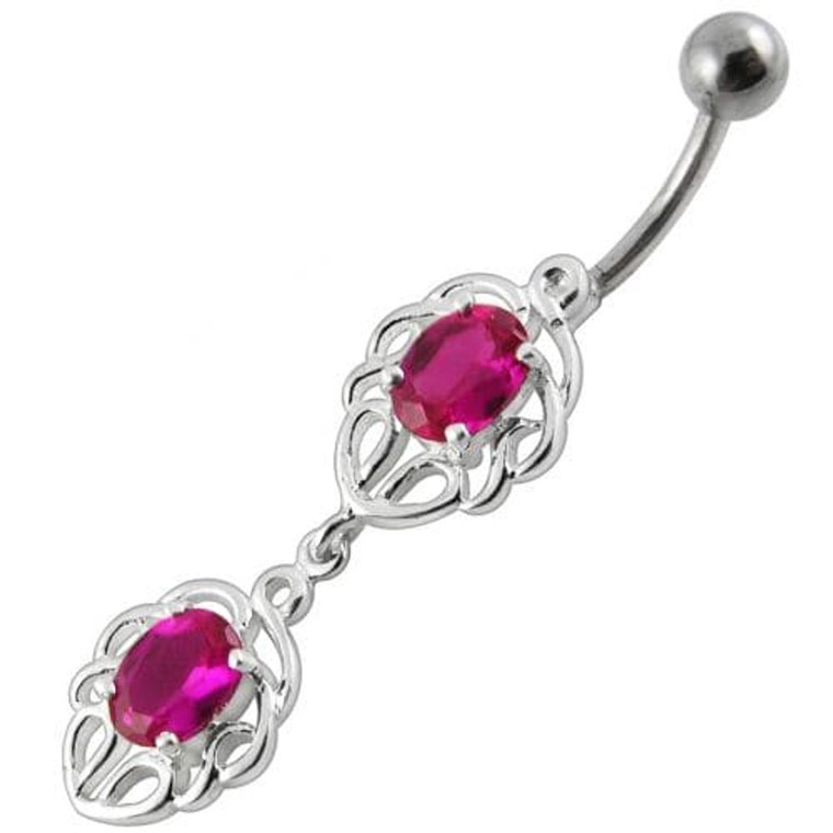 Fancy Jeweled Dangling Belly Ring - Red