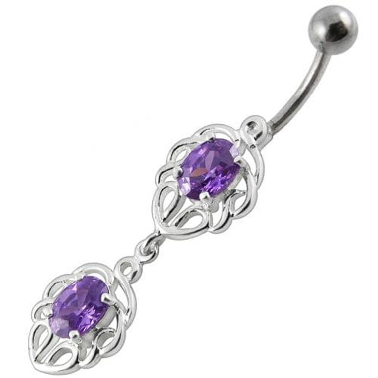 Fancy Jeweled Dangling Belly Ring - Purple