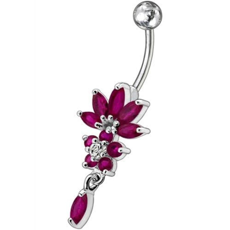 Flower Jeweled Dangling Belly Button Ring - Red