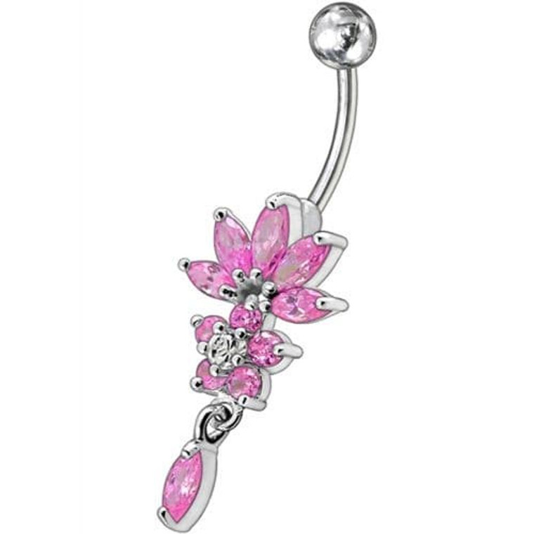 Flower Jeweled Dangling Belly Button Ring - Pink