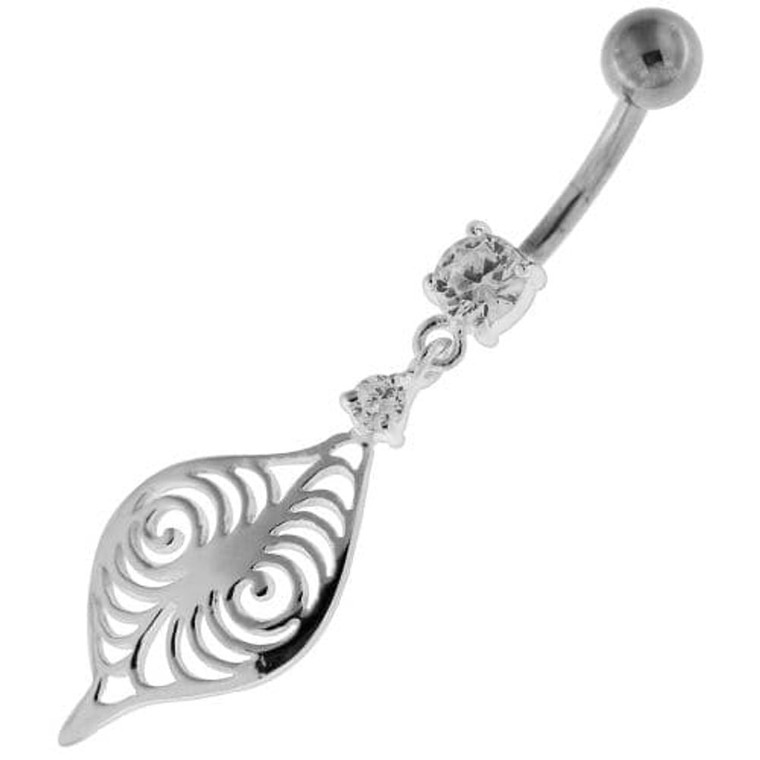 Flower Leaf Jeweled Sterling Silver Navel Belly Button Bar - Clear