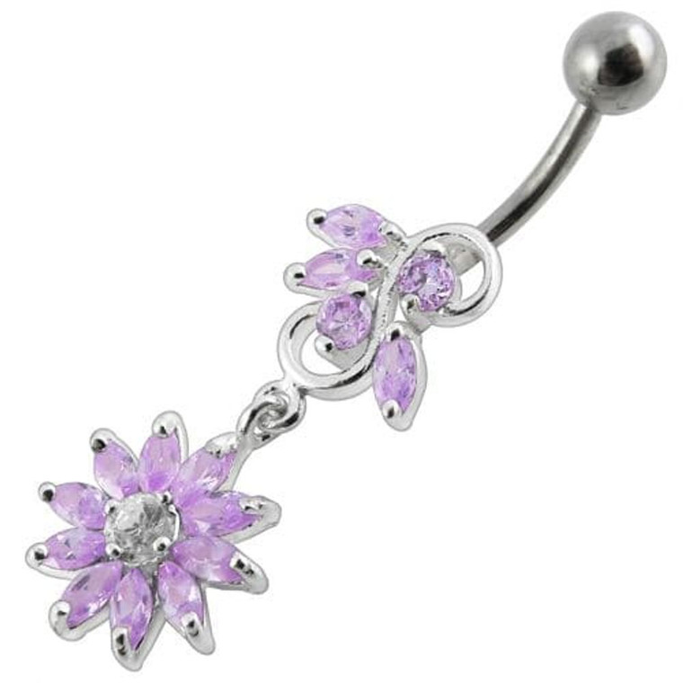 Fancy White Stone Jeweled Flower Dangling Navel Ring - Lavender