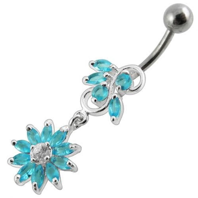 Fancy White Stone Jeweled Flower Dangling Navel Ring - Aqua