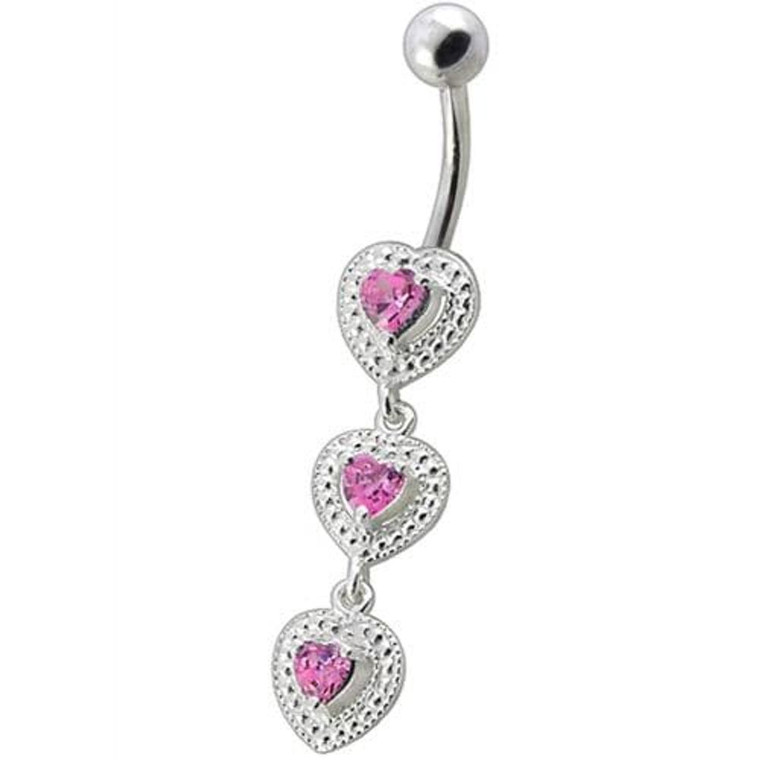 Fancy White Zirconia Jeweled Dangling SS Bar Belly Ring - Pink
