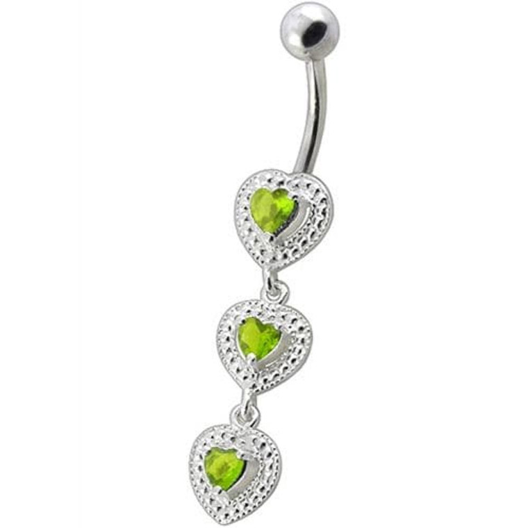Fancy White Zirconia Jeweled Dangling SS Bar Belly Ring - Peridot