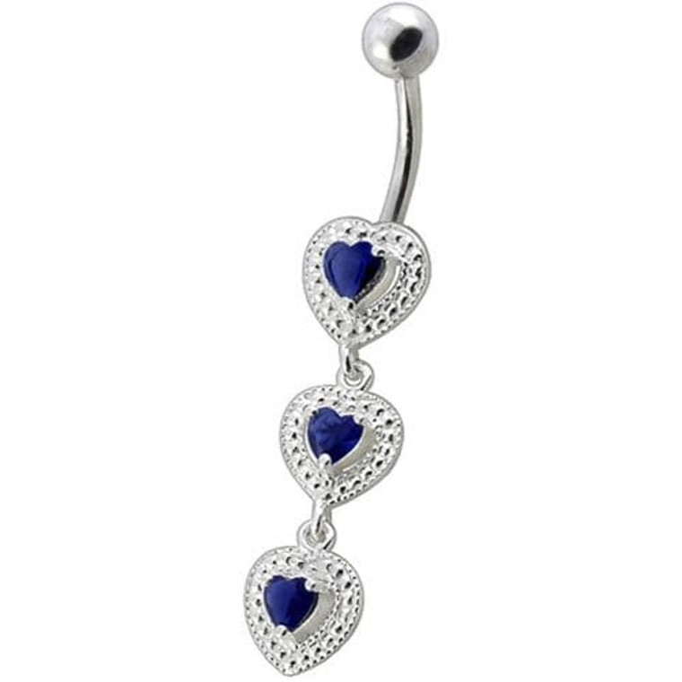 Fancy White Zirconia Jeweled Dangling SS Bar Belly Ring - Dark Blue