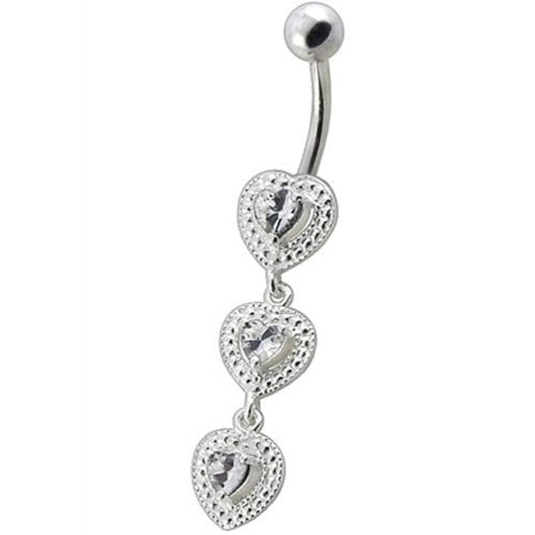 Fancy White Zirconia Jeweled Dangling SS Bar Belly Ring - Clear