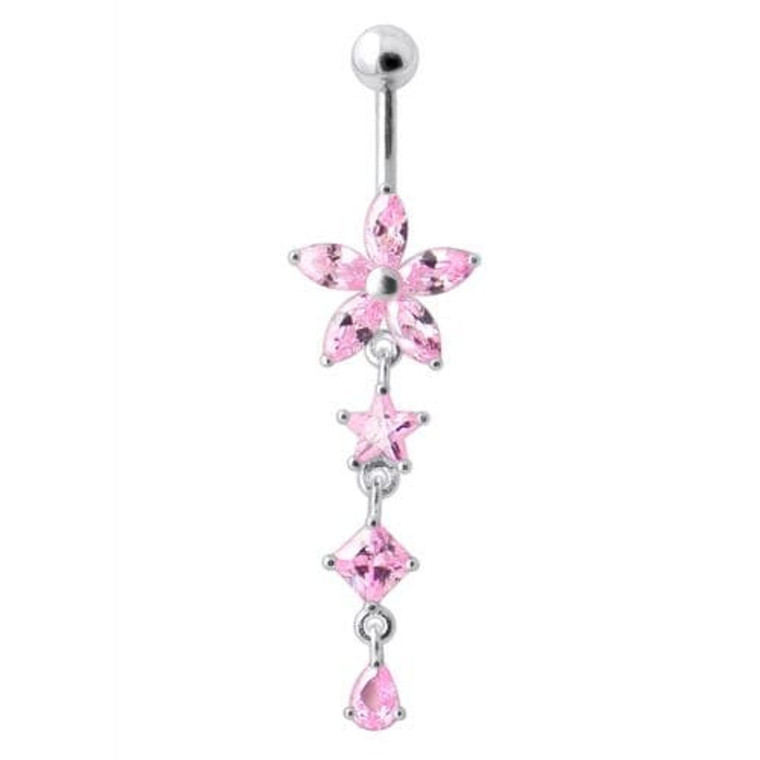 Flower Stone Studded Jeweled Flower Navel Ring - Pink