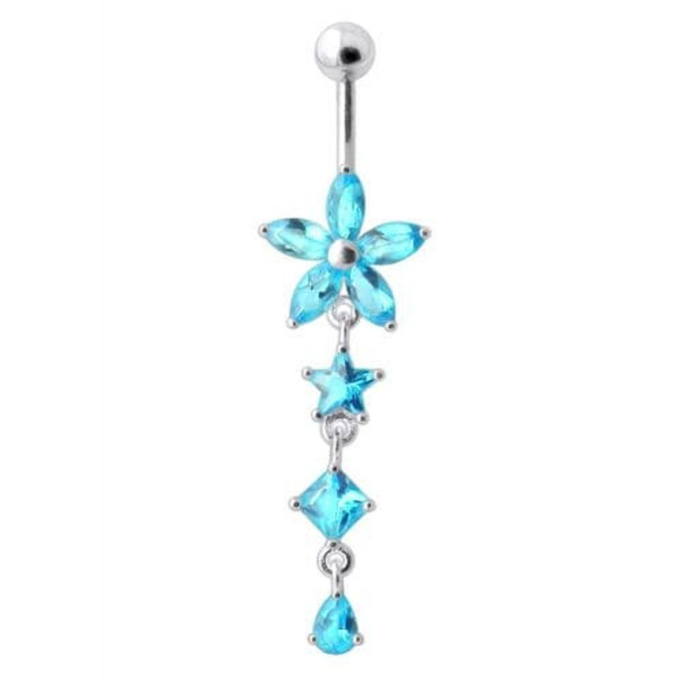 Flower Stone Studded Jeweled Flower Navel Ring - Aqua