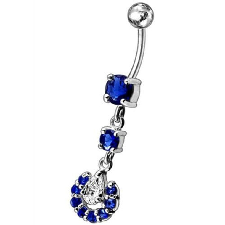 Fancy flowered Silver Dangling Navel Ring - Dark blue