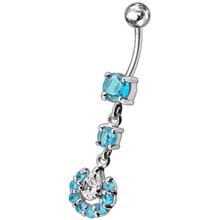 Fancy flowered Silver Dangling Navel Ring - Aqua