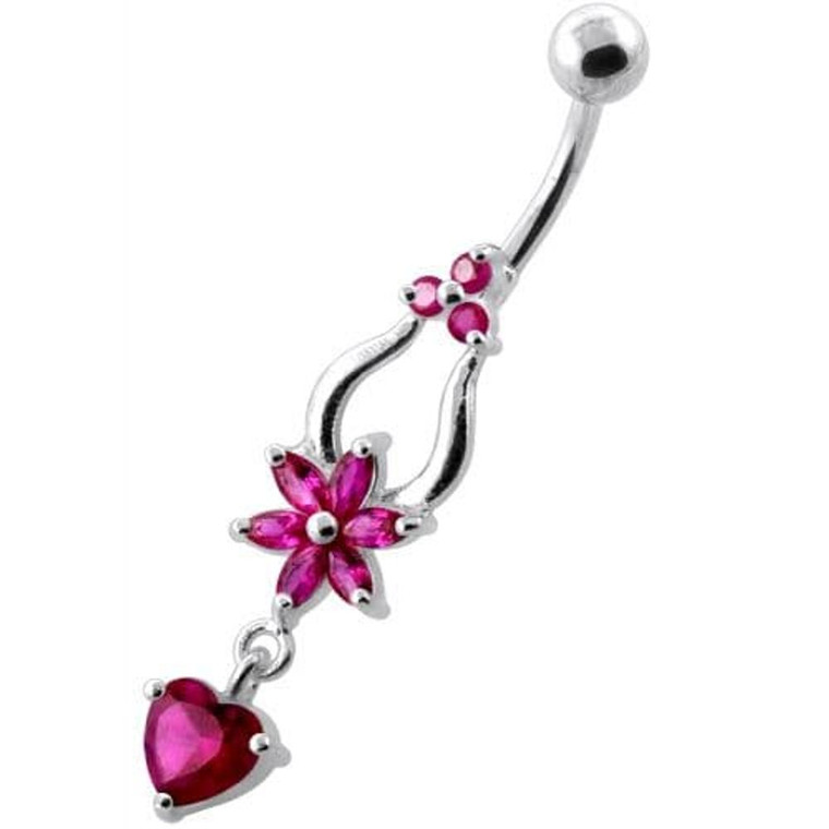 Flower with Heart Dangling Navel Belly Ring - Red