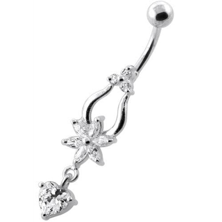Flower with Heart Dangling Navel Belly Ring - Clear
