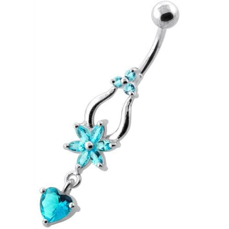 Flower with Heart Dangling Navel Belly Ring - Aqua