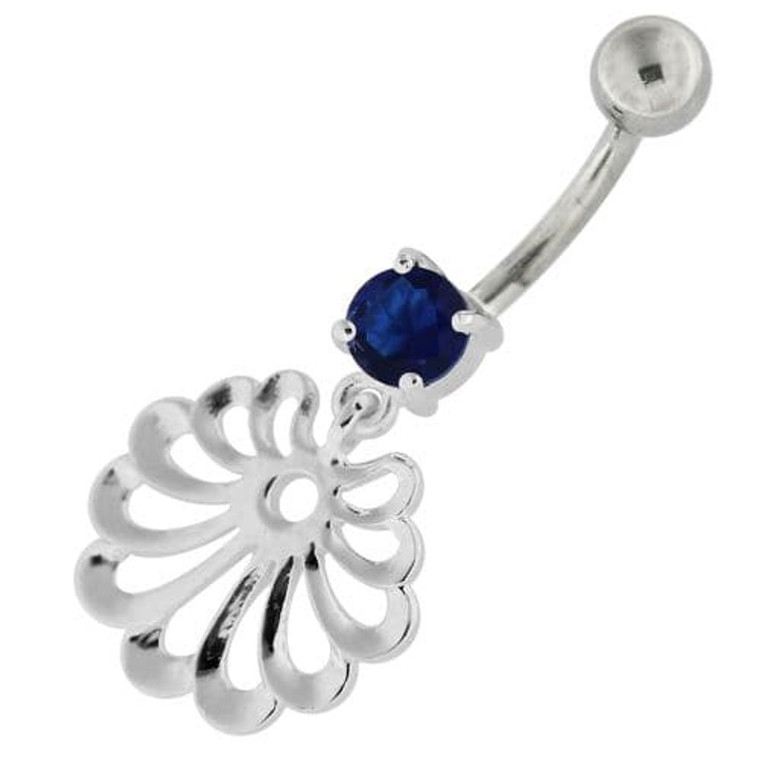 Fancy Jeweled Dangling Single Stone Belly Ring - Dark Blue