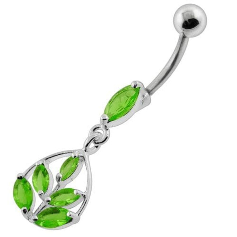 Framed Jeweled Leaf Dangling Navel Belly Piercing - Peridot
